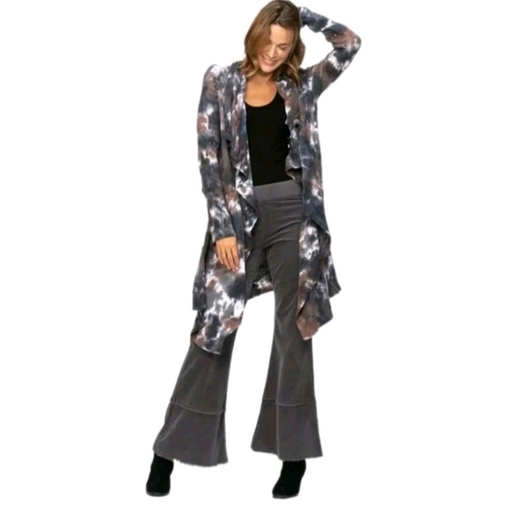 XCVI Wearable Cardigan Sweater Large Green Blue Cotton Tie Dye Topper Artsy Boho